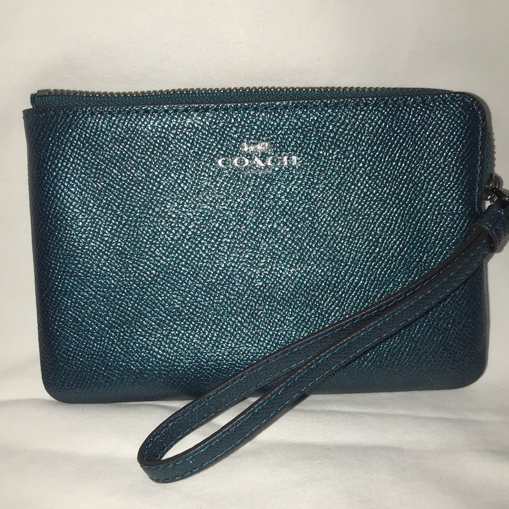 Coach zipper corner wristlet - metallic teal